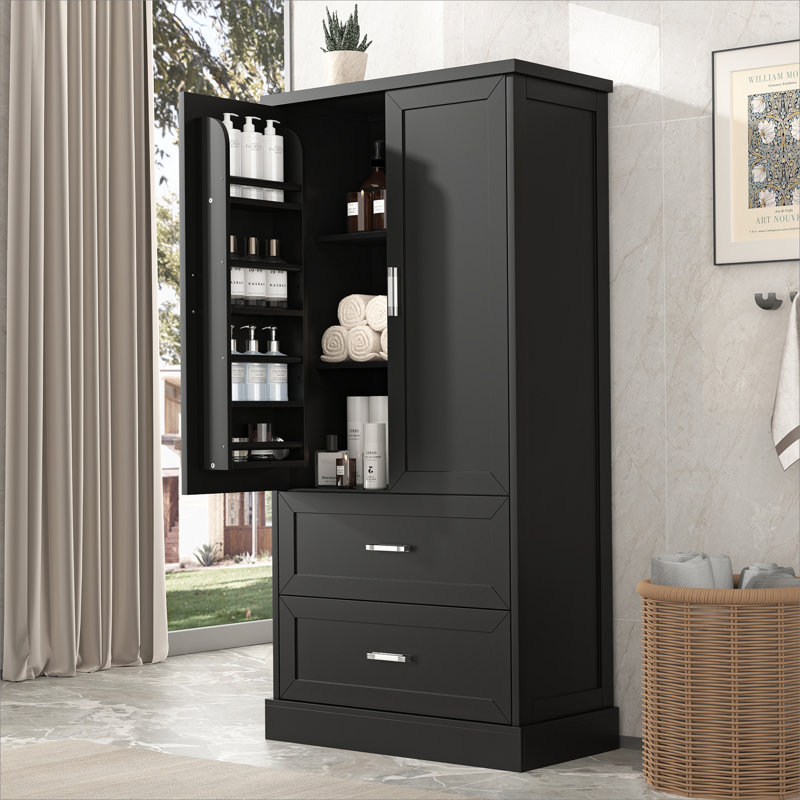 Grande armoire de rangement pour salle de bain, armoire avec deux portes et tiroirs, tablette réglable, panneau de fibres à densité moyenne