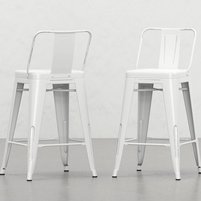 24 tabourets de comptoir en métal blanc vieilli 24 pouces de 2 - dossier incurvé confortable, repose-pieds, croisillon stable, pieds à chevilles 2, blanc, siège, pour la cuisine