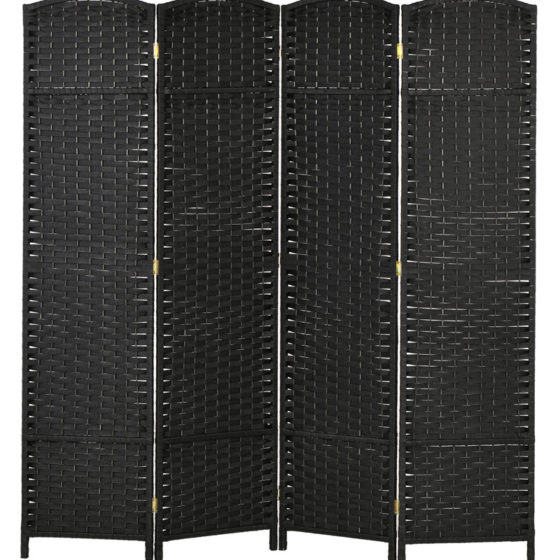Paravent à 4 panneaux, paravent de 5,6 pi de hauteur pour chambre à coucher / bureau personnel. Noir avec motif tissé à la main et plateau arqué. Partition et style polyvalents. Structure en bois, sangles en polypropylène.
