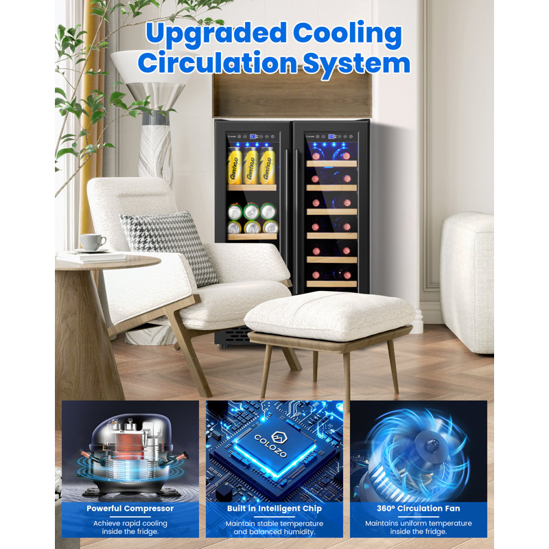 24 Inch Black Wine Beverage Refrigerator,  Dual Zone Wine Fridge Under Counter With Stainless Steel Glass Door And Lock,  Mini Bar Fridge For Home