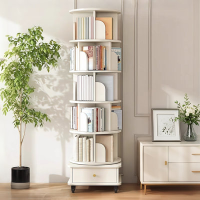 Bibliothèque pivotante blanche avec roulettes et tiroir