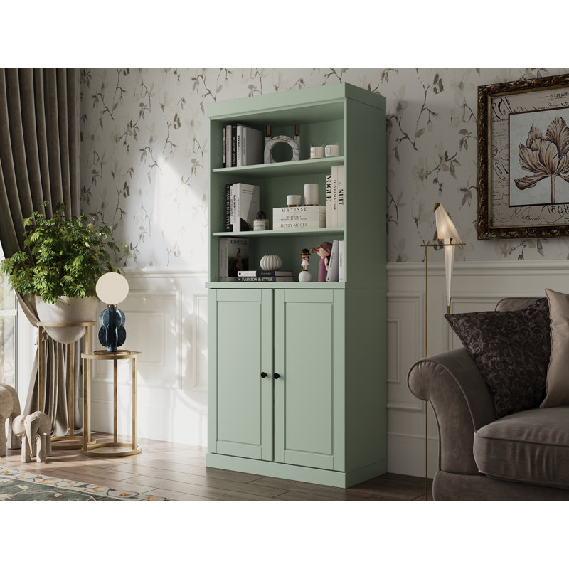 Victorya Palace Imports 100% Solid Wood 6-Shelf Bookcase, Raised Panel Doors, Adjustable Shelves, 32" Wide, 71.5" Tall, Sage