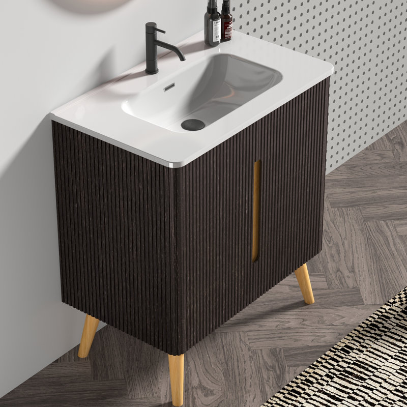 Meuble-lavabo autoportant de 30 po avec lavabo et rangement latéral, noir brossé, esthétique en noyer rayé, bords arrondis, mécanisme de fermeture en douceur, tablettes réglables, design moderne fonctionnel