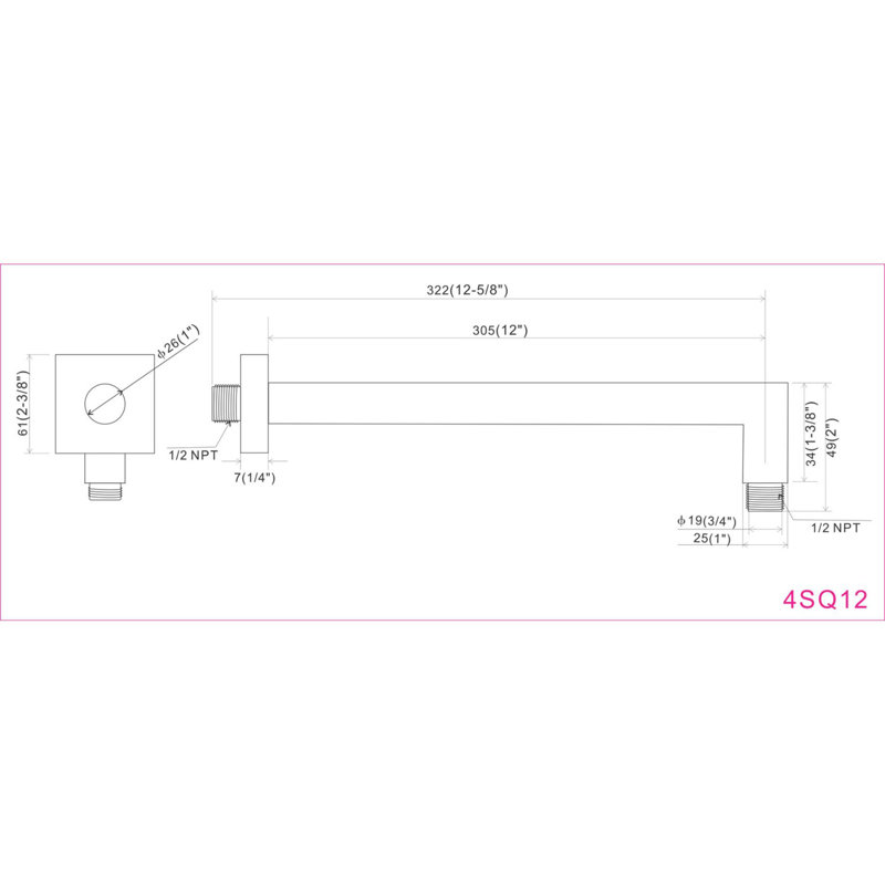Bras de douche carré en laiton, H 12 po x l 2,5 po x P 2,5 po