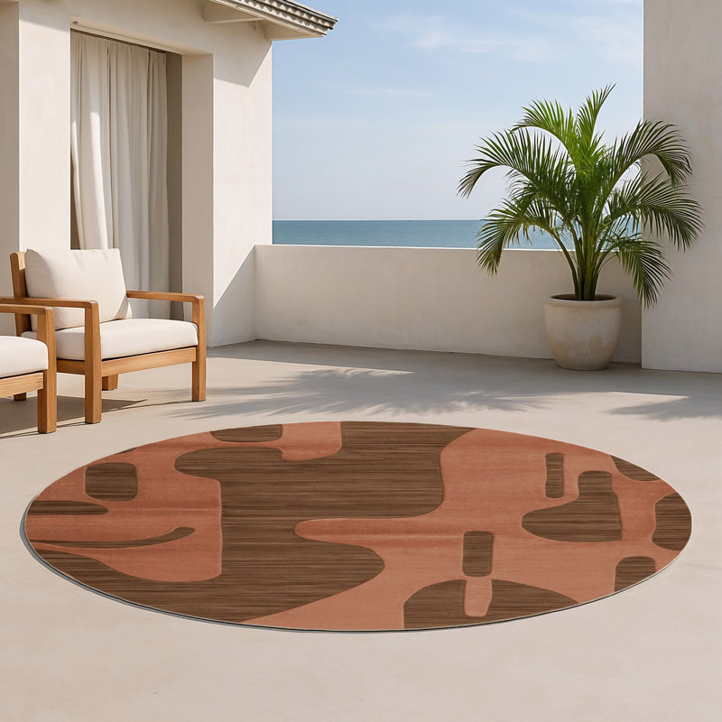 Tapis brun abstrait intérieur et extérieur, Rond 5 pi