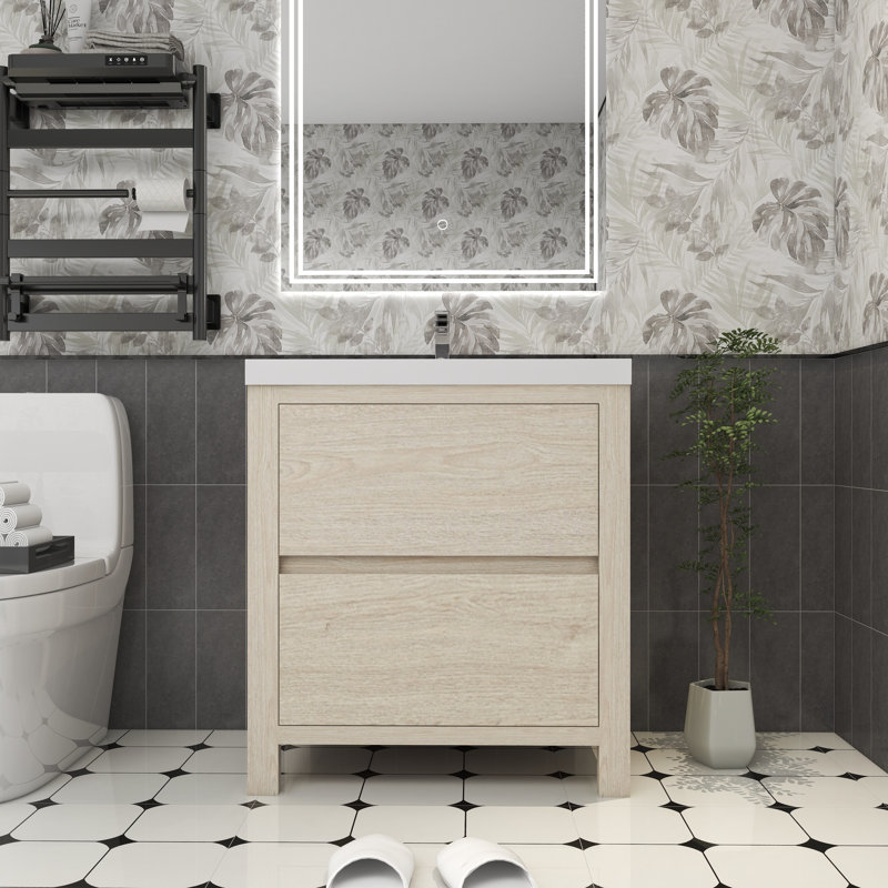 Meuble-lavabo simple 29,5 po avec plateau en acrylique Fuiloro, Bois clair