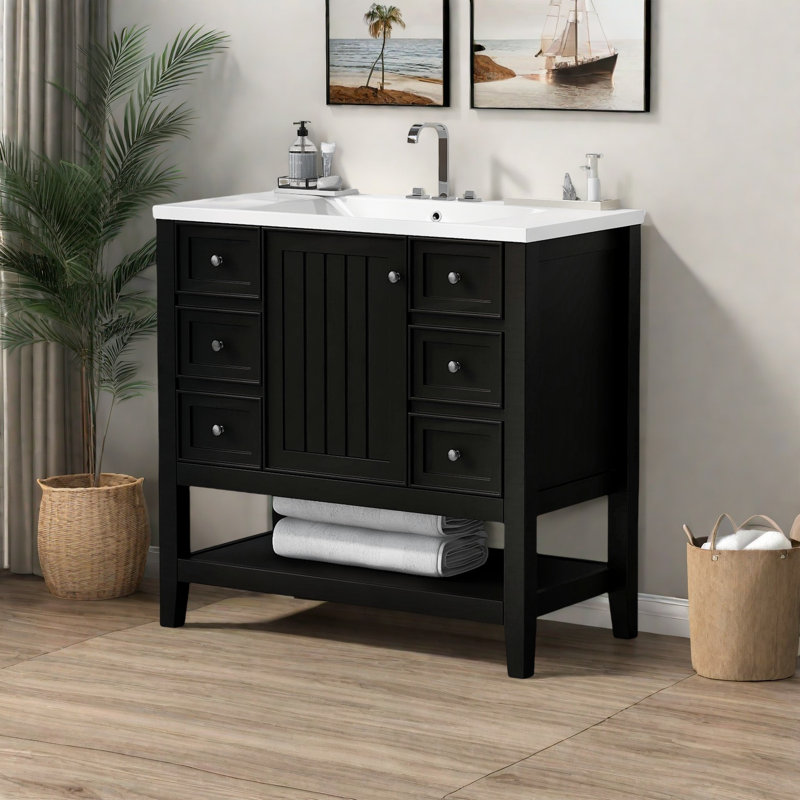 Meuble-lavabo de salle de bain avec lavabo en céramique - meuble-lavabo en bois aggloméré avec tiroirs fonctionnels, armoire fermée, tablette ouverte, finition peinte