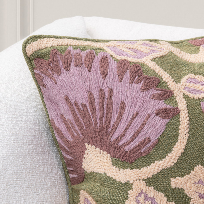 Folly Linen Fabric Hand Embroidered Throw Pillow, Olive Green