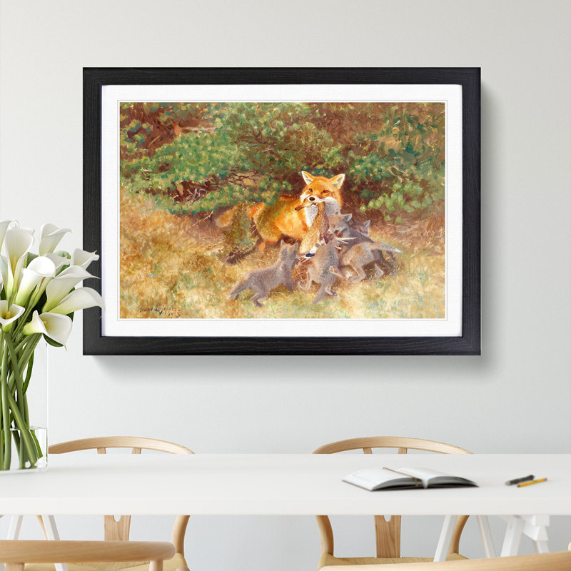 Fox and Cubs by Bruno Liljefors - Picture Frame Painting, Black Framed, 36cm H x 48cm W x 2cm D
