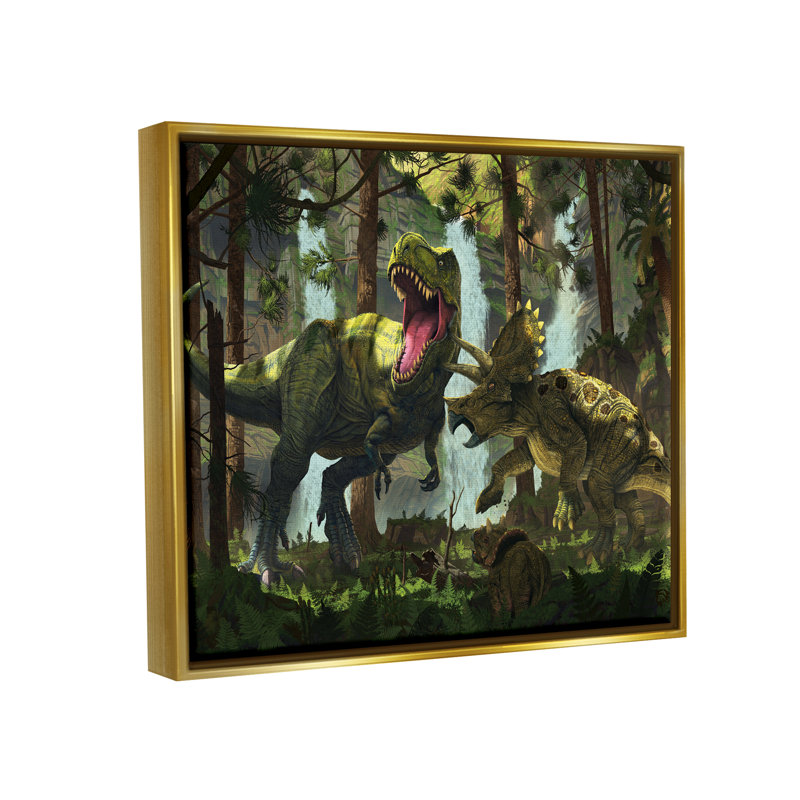 Protection Dinosaurs Landscape par Vincent Hie, H 17 po x l 21 po x P 1,7 po, Cadre flottant métallique doré