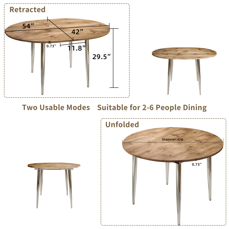 Table de salle à manger extensible de 42 à 54 po pour le salon de la cuisine, Bois naturel, Argent argent