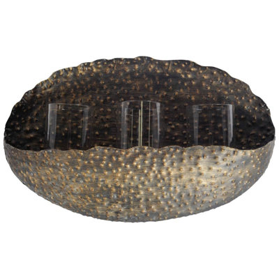 12" Bronze Distressed Hammered Glass And Metal Hurricane Candle Holder