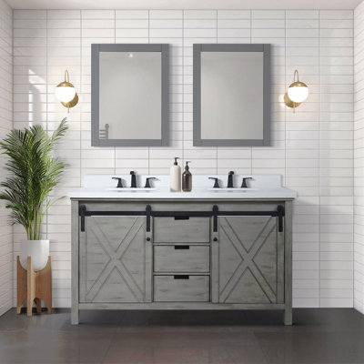 Meuble-lavabo double l 60 po x P 22 po, comptoir en quartz blanc