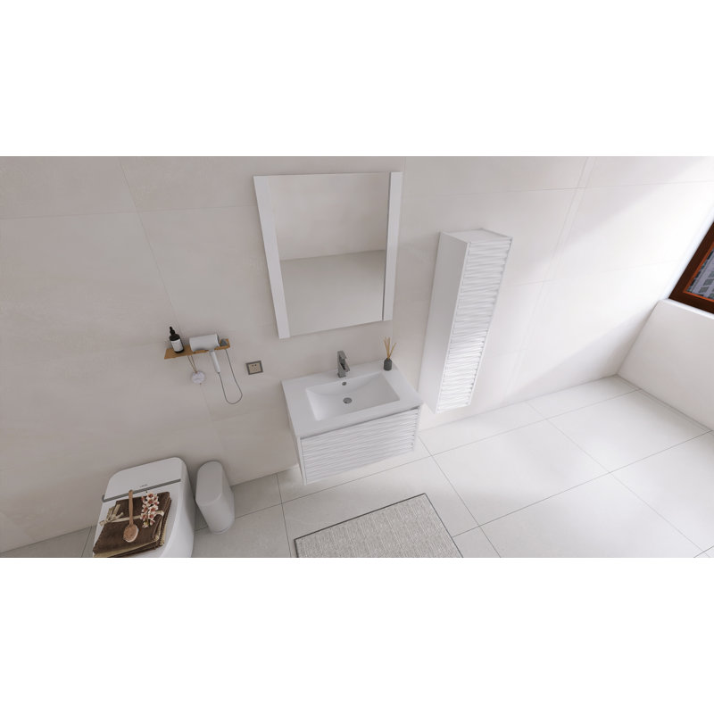 Ensemble de meuble-lavabo mural 30 po avec plateau en céramique, miroir et armoire latérale - Conception ondulée, fermeture en douceur et finition imperméable à 5 couches