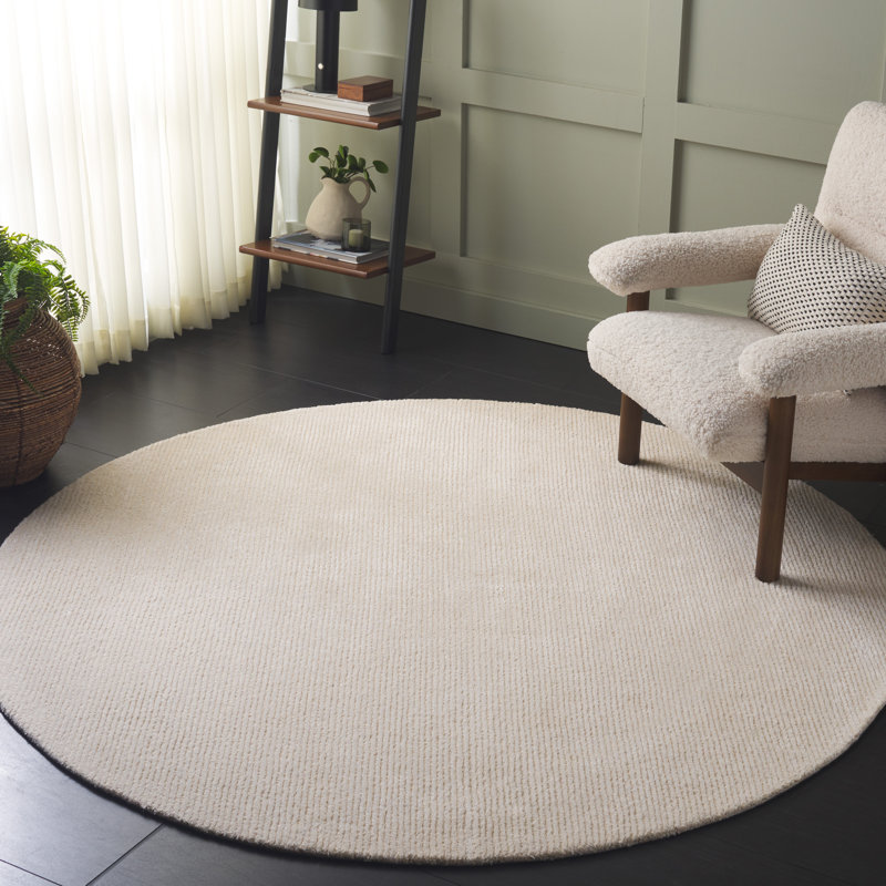 Tapis ivoire en laine, viscose et coton touffeté à la main Maynie, Rond 6 pi