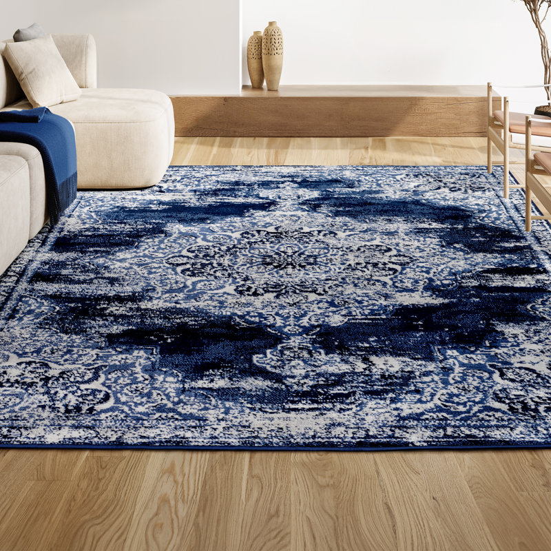 Pruden Ornate Medallion Modern Navy/Ivory Rug, Rectangle 3' x 5'