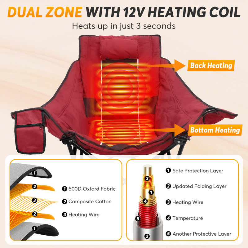 Heated Rocking Chair with Power Bank, Adjustable Temperature Oversized Portable Foldable Camping Chair, Red