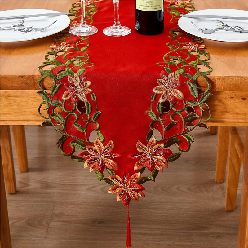 Chemin de table de Noël brodé à découpes et feuilles vertes, linge de table de fêtes pour décorations de Noël, 15 po x 69 po
