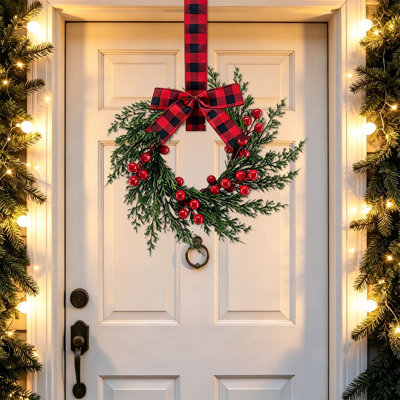 Christmas Cabinet Wreaths Norfolk Pines Wreath with Ribbon Bows Artificial Small Kitchen Wreath for Window Front Door Farmhouses Wall Pillars Xmas Decorations for Christmas Decor Gifts