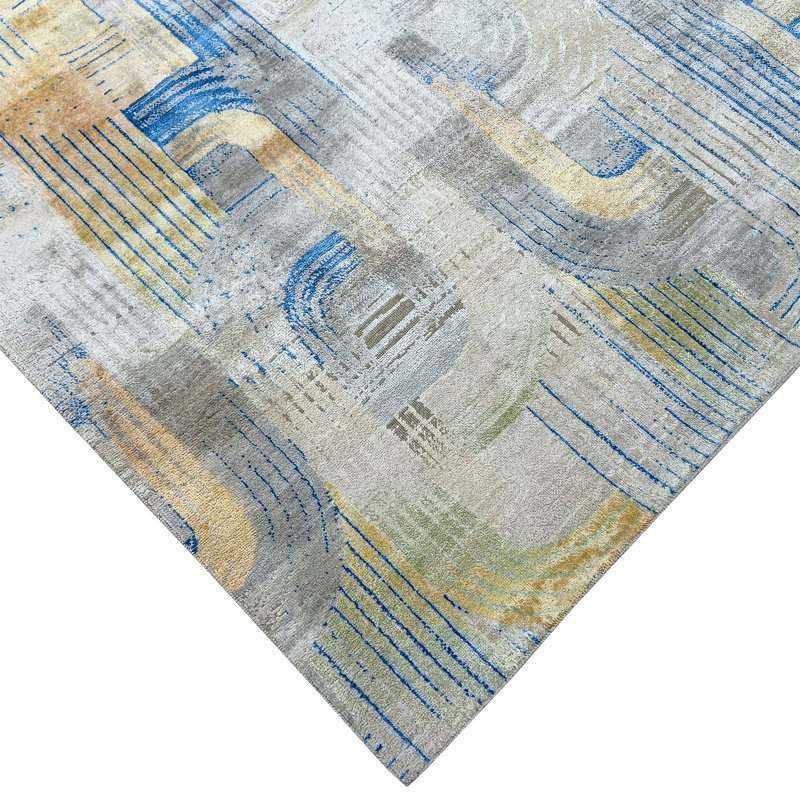 Hand Knotted Geometric Area Rug in Blue/Yellow/Gray, Rectangle 5' x 8'