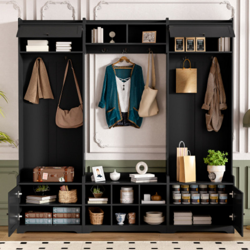 Modern Hall Tree With Bench & Shoe Storage - 79" Wide Entryway Organizer With 8 Cubbies, 7 Coat Hooks, Adjustable Shelf For Hallway Or Living Room
