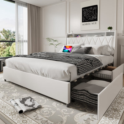 Cadre grand lit avec tête de lit ergonomique, prises et chargeur