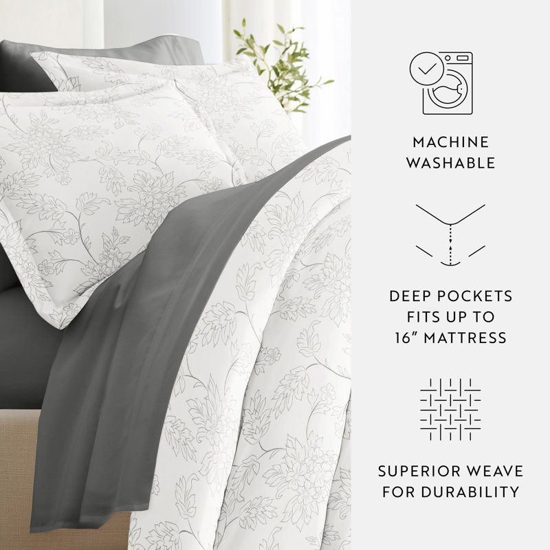 Twin Gray Floral Patterned Duvet Set with Down Alternative