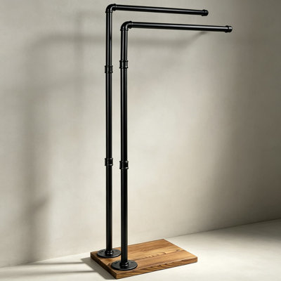 Freestanding Towel Rack for Bathroom, Industrial Farmhouse Towel Stand with Wood Base, Metal Towel Holder for Pool Hot Tub Outdoor Use