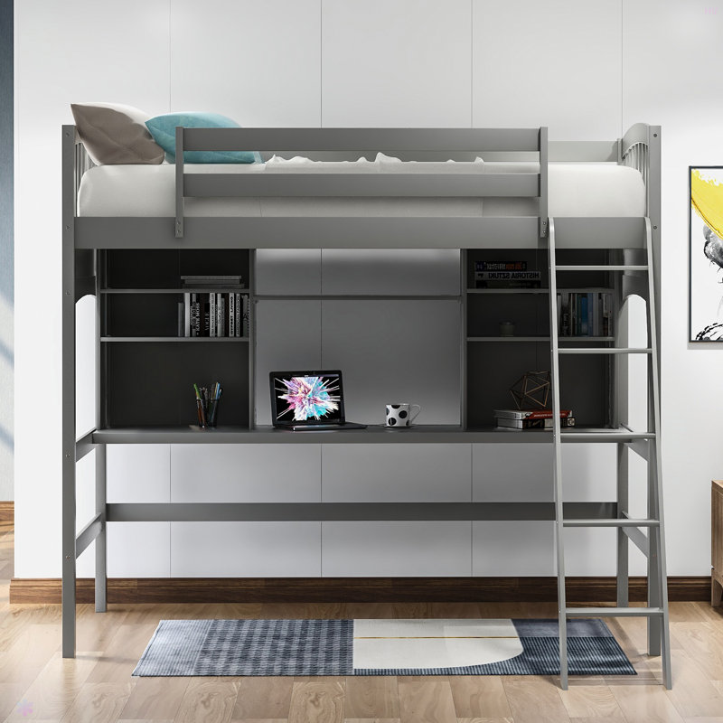 Lit mezzanine avec tablettes de rangement, bureau et échelle, gris