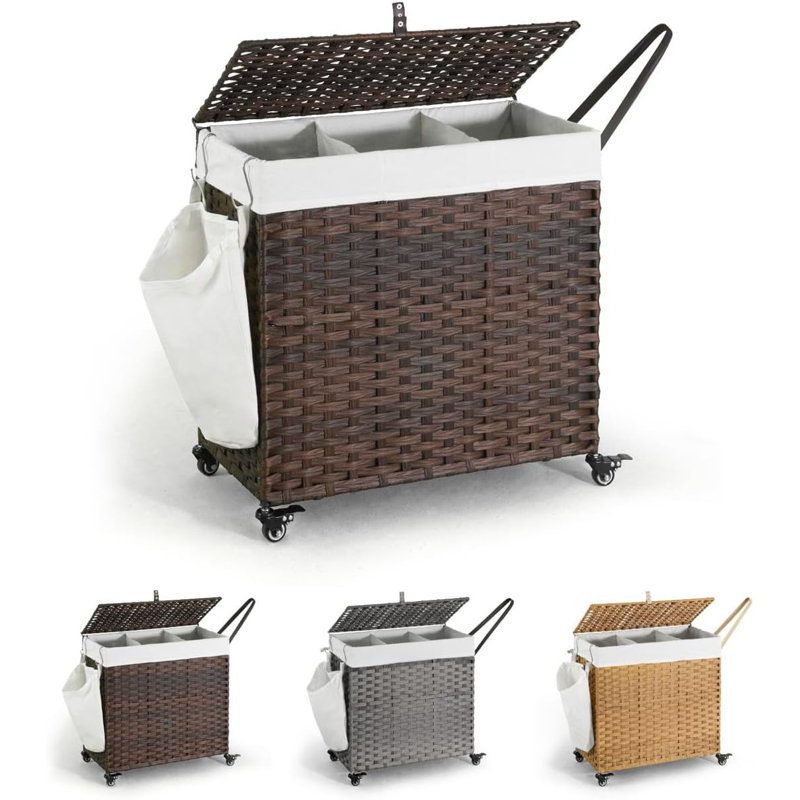 CAPHAUS Rattan Laundry Basket with Wheels, 140L-160L Capacity, Removable Liner Bags, 3colors, Brown, 26" H x 13" W x 25.4" D