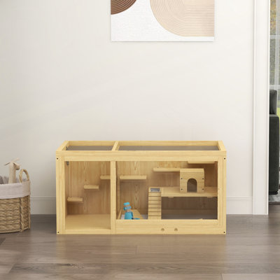 PawHut Wooden Hamster Cage, Extra Large Gerbil Cage, Multi-Layer Small Animal Cage for Dwarf Hamster, Activity Center with Pull-out Tray, Seesaws, Water Bottle, Ladder, Openable Top