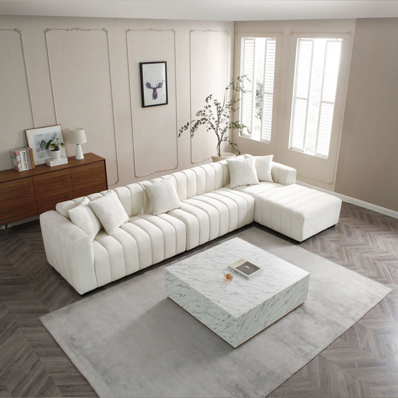 138.97" Wide Velvet Modular Sectional Sofa, White Velvet, Right Hand Facing