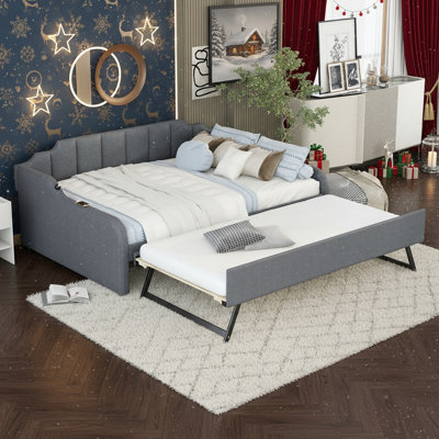 Syanna Full Size Upholstered Daybed with Trundle and USB Charging Design,Trundle can be Flat or Erected, with Wood Slats, Sofa Bed Frame for Living Ro