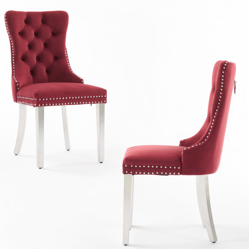 Chaises de salle à manger capitonnées en velours à oreilles, Vin bordeaux, Nickel brossé