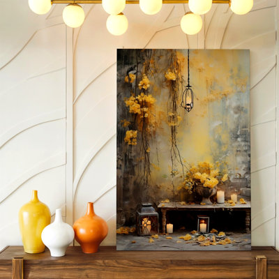 Lanterne florale jaune, bougie, banc rustique, nature morte, reproduction d'art sur toile, photo botanique et rustique pour salon chambre bureau couloir galerie murale