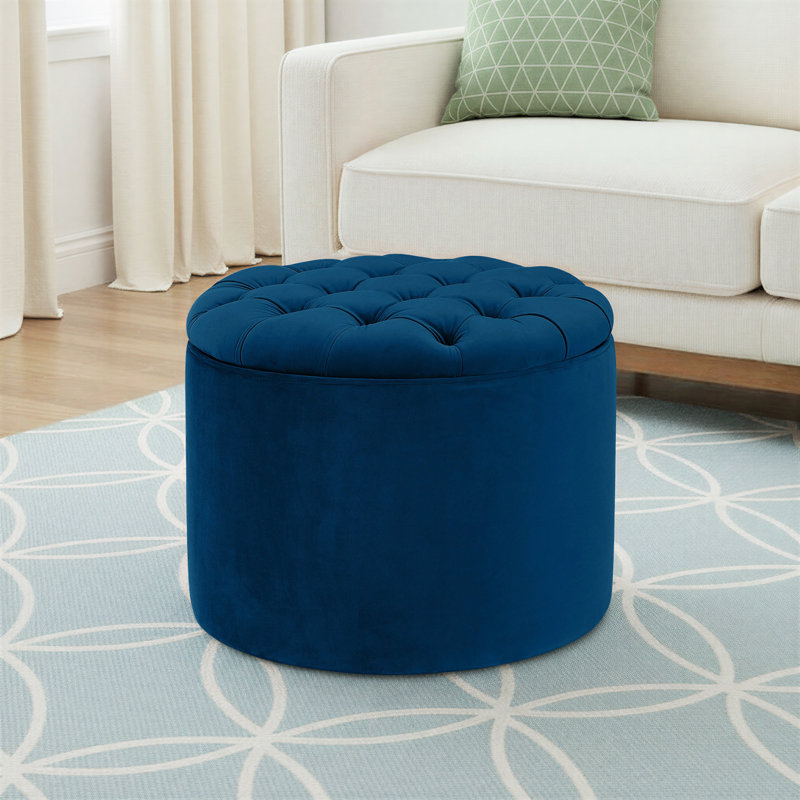 Repose-pieds rond avec rangement en velours Alvin, Velours bleu marine