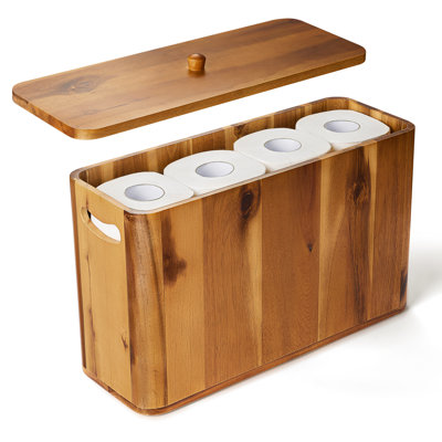 Rangement pour papier de toilette TIDITA de 15 litres avec couvercle et poignées, pouvant contenir 6 rouleaux géants | Bois d'acacia, antidérapant, autoportant, bords arrondis, aucun assemblage requis, pour salle de bain, chambre, buanderie, salon, bureau