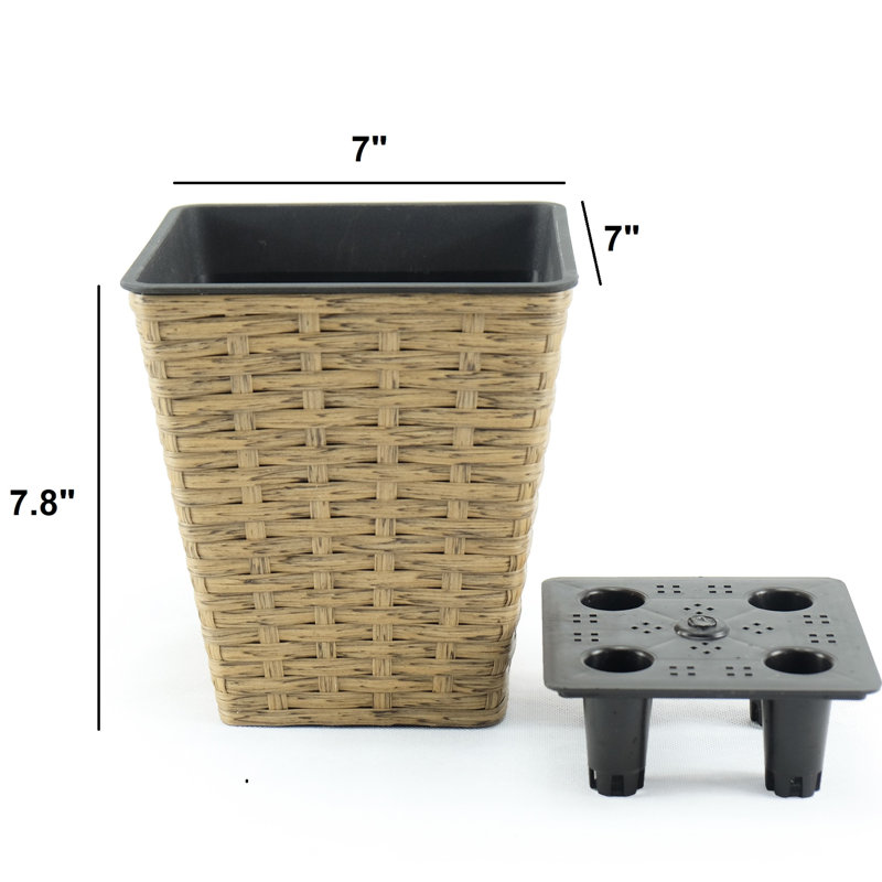 Smart Self-Watering Planters - 2 Units. Brown. Handcrafted Weaving. All-Weather Resistance. Easy Installation. 7"X7"X7.8" & 9.4"X9.4"X13.8". Water Level Indicator Pack. Handmade For Outdoor Use.