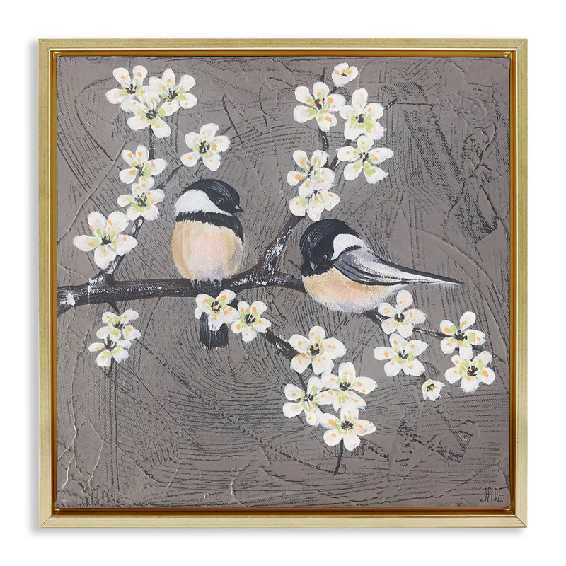 Art mural sur toile, "Bird pair on branch" par Jade Reynolds, H 18 po x l 18 po, Cadre flottant métallique doré