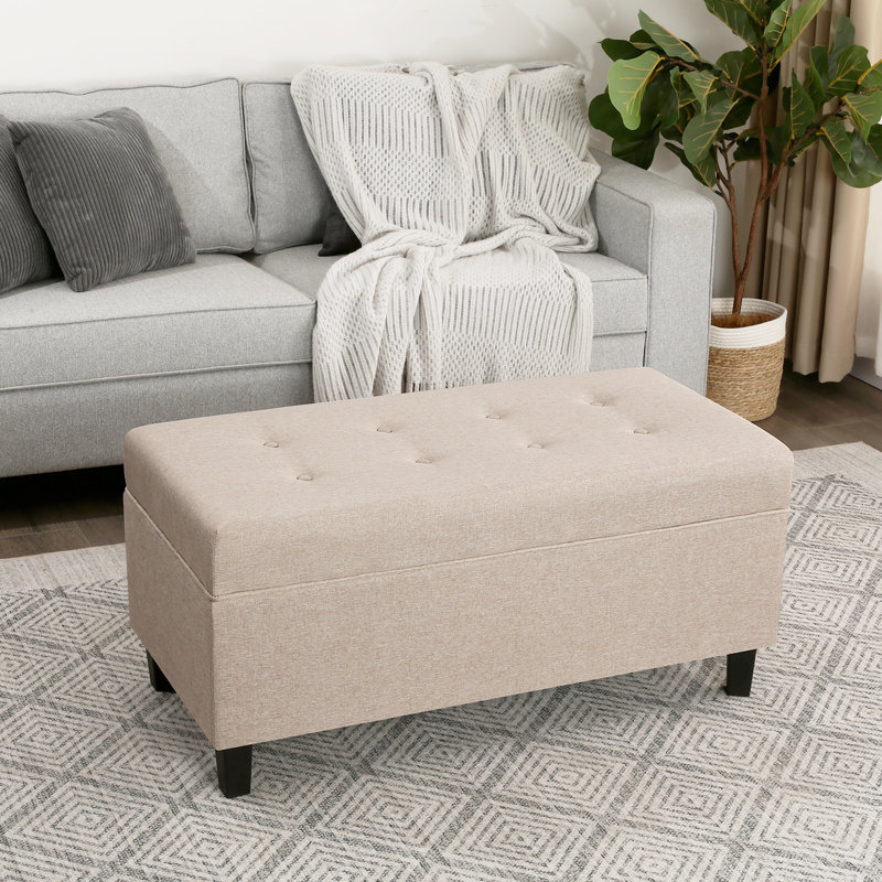 40" Tufted Linen Storage Ottoman Bench, Beige