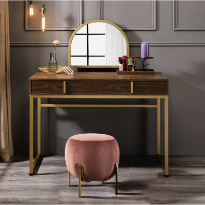 Gold - Walnut Rectangular Vanity Desk With Metal Frame, Mirror, Jewelry Tray And 2 Storage Drawers, Particle Board Layout, 19 Inches Depth Finish, Mirror Tray, Drawers For Storage, Setup, 42 Width