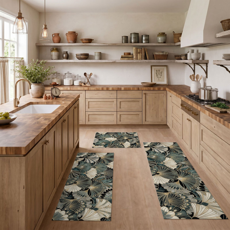 Botanical Fan Non-Slip Washable Kitchen Mats