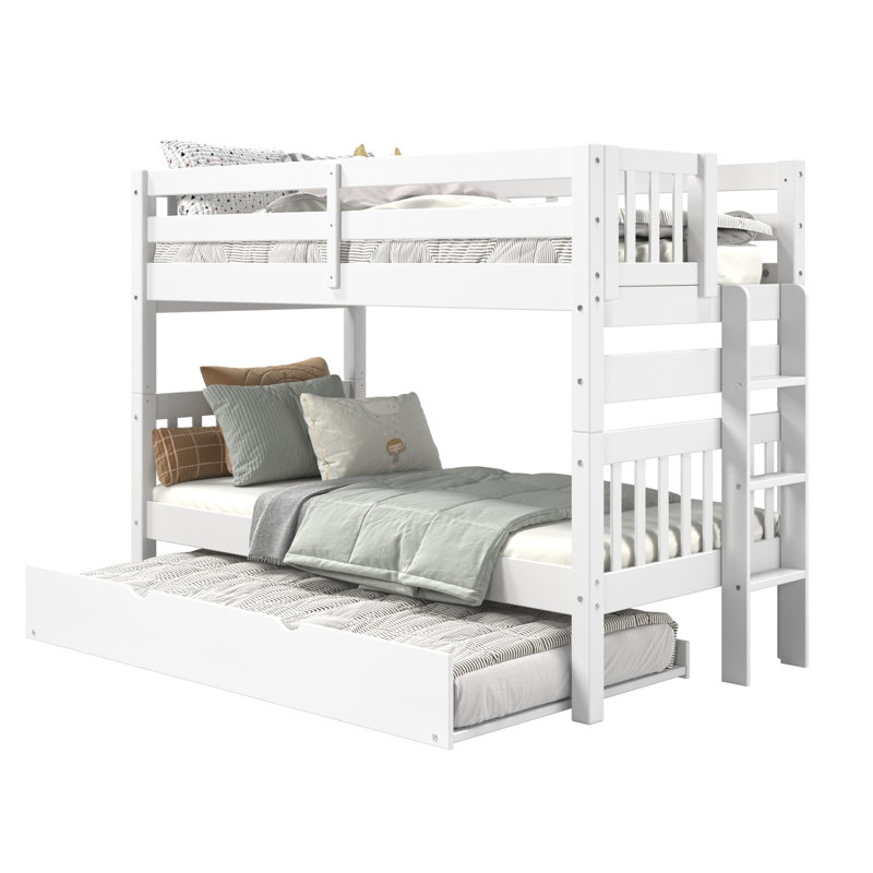 Treva Solid Wood Standard Twin over Twin Bunk Beds, 4 Step Ladder, Twin Trundle, White, White