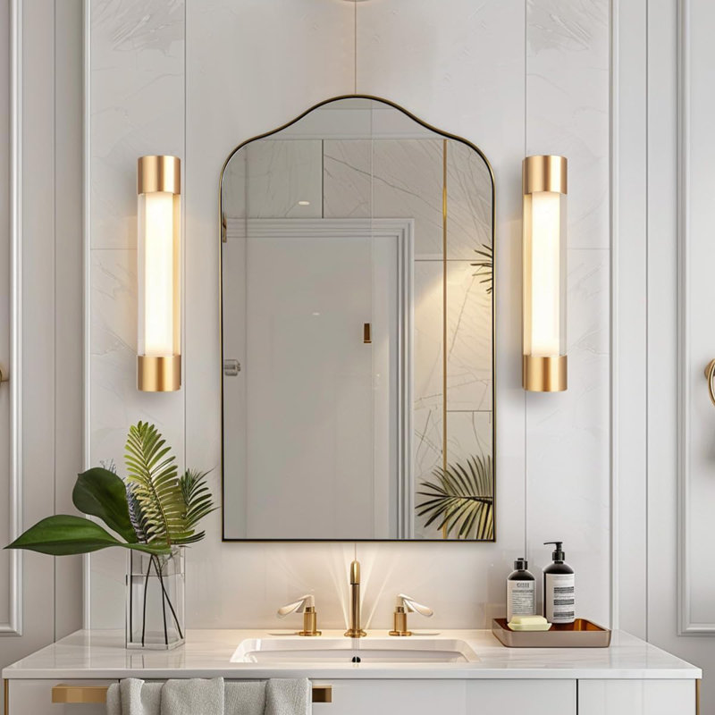 Aremi Contemporary Scalloped Arch Top Bathroom Vanity Mirror | Stainless Steel Frame, Brushed Gold, 38" x 24"