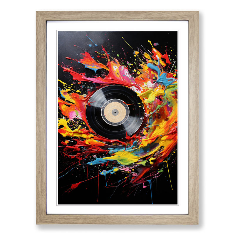 Vinyl Record Action Painting - Single Picture Frame Print on Wood, 46cm H x 34cm W, Oak Framed
