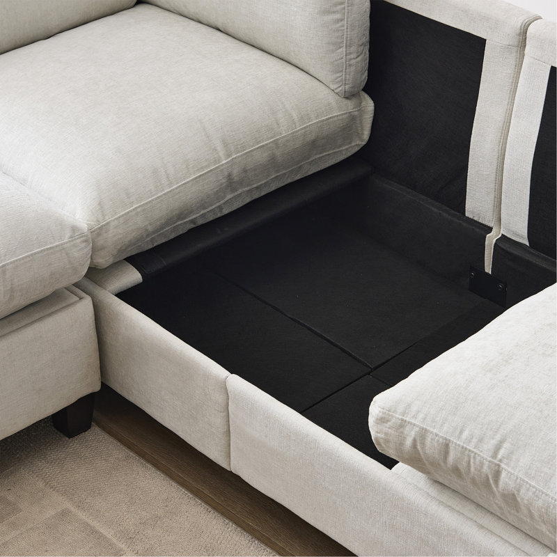 Canapé modulaire 96,5 po pour salon, canapé rembourré en chenille douce avec rangement, canapé 3 places avec deux repose-pieds en forme de U beige