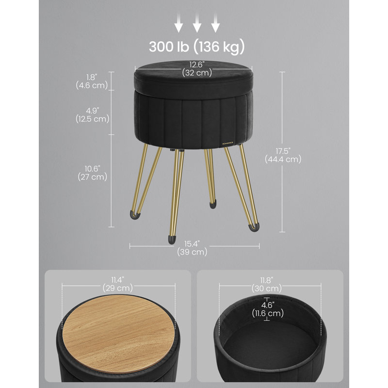 Alliber 32cm Wide Round Solid Colour Footstool Ottoman with Storage, Black