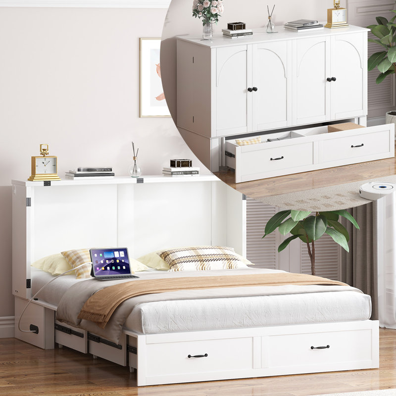 Murphy Bed Queen with Charging Station & Drawer, White