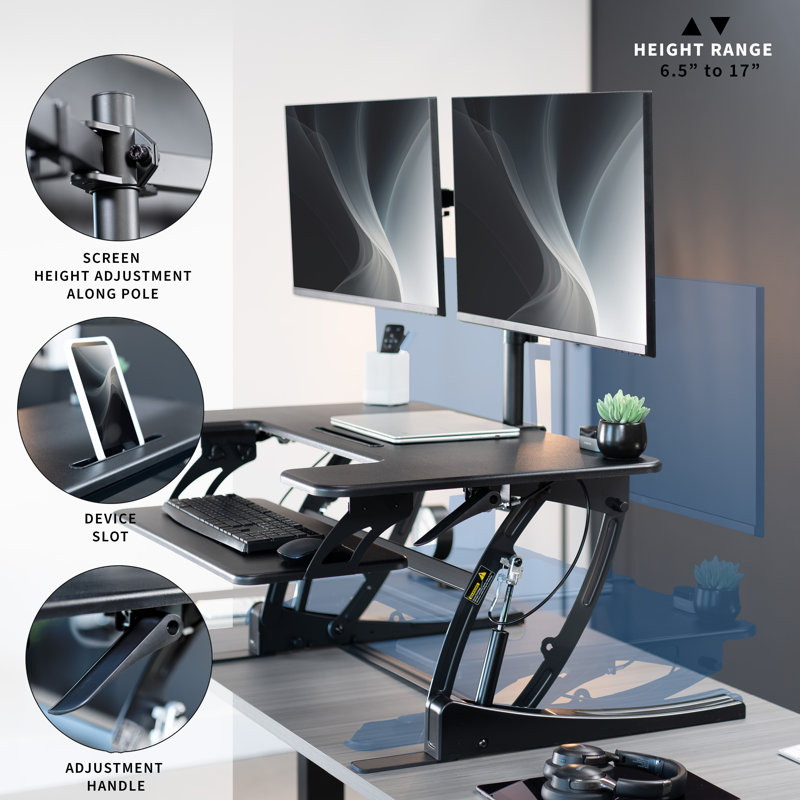 Black Adjustable Standing Desk Converter with Dual Monitor Mount