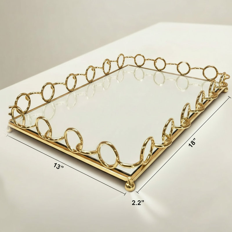 Decozen Rectangular Mirrored Tray with Rose Gold Wire Frame – Elegant Christmas Gift for Home Decor
